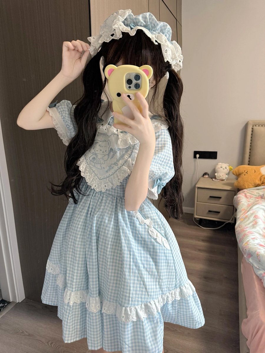 Sweet Lolita Cute Blue and Pink Little Fly-sleeved Dress Summer Girl Short-sleeved OP