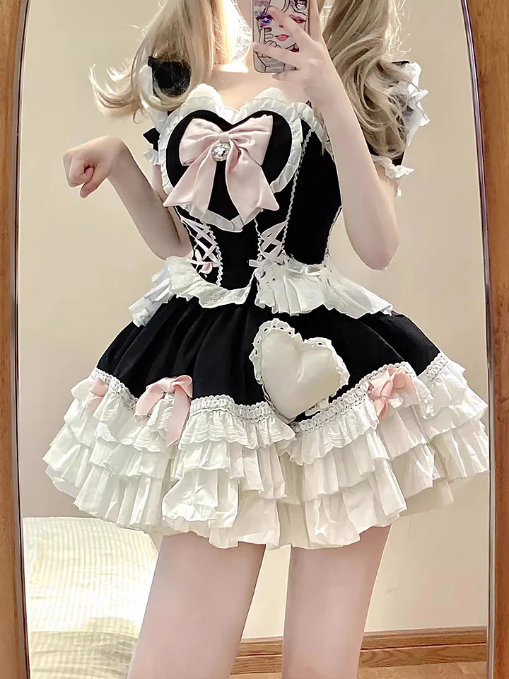 Sweet Lolita Cute Japanese Short Sleeve Lolita Lolita Dress Fluffy Princess Black-Pink Dress
