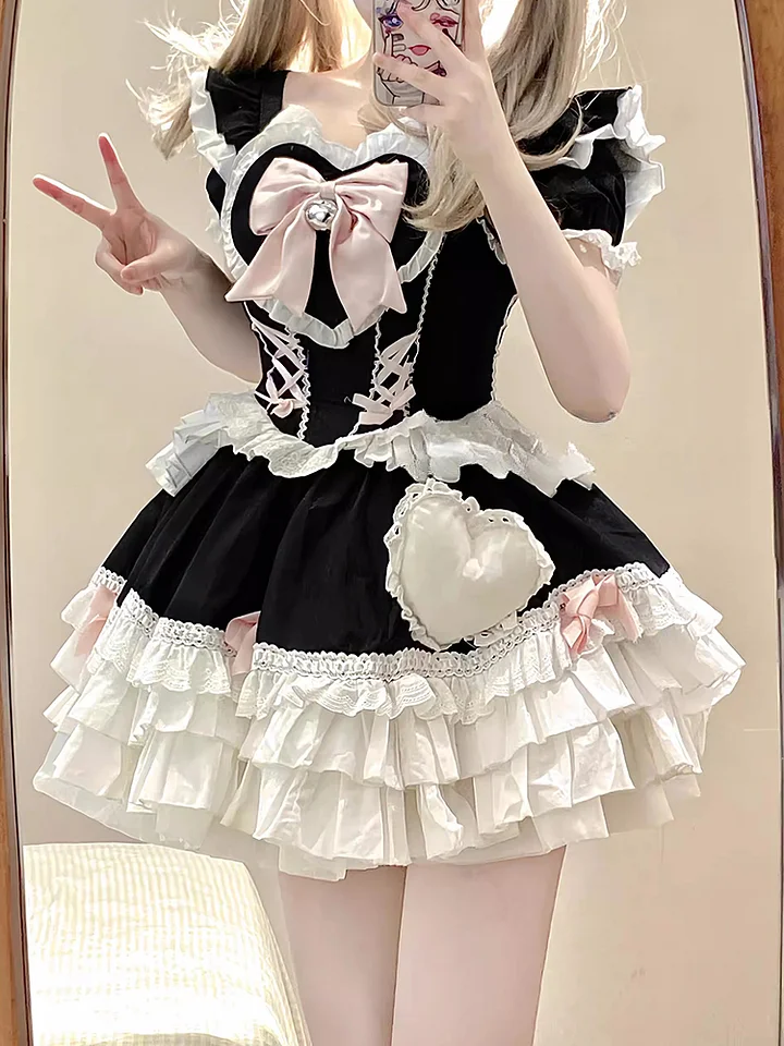 Sweet Lolita Cute Japanese Short Sleeve Lolita Lolita Dress Fluffy Princess Black-Pink Dress
