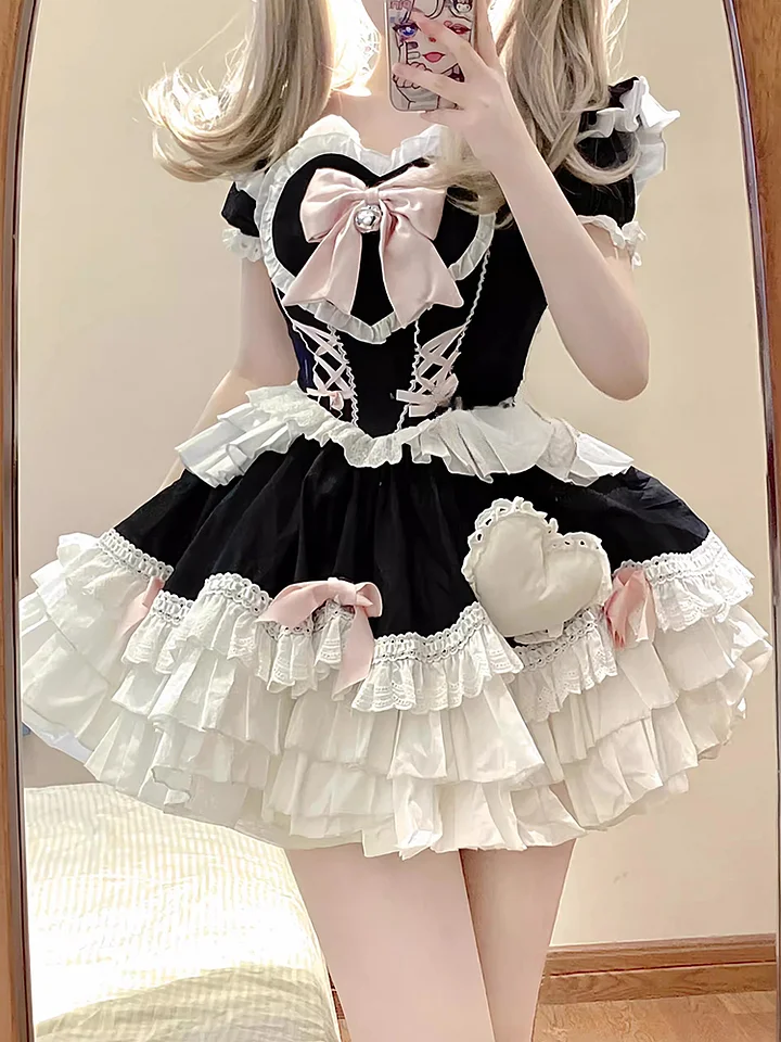 Sweet Lolita Cute Japanese Short Sleeve Lolita Lolita Dress Fluffy Princess Black-Pink Dress