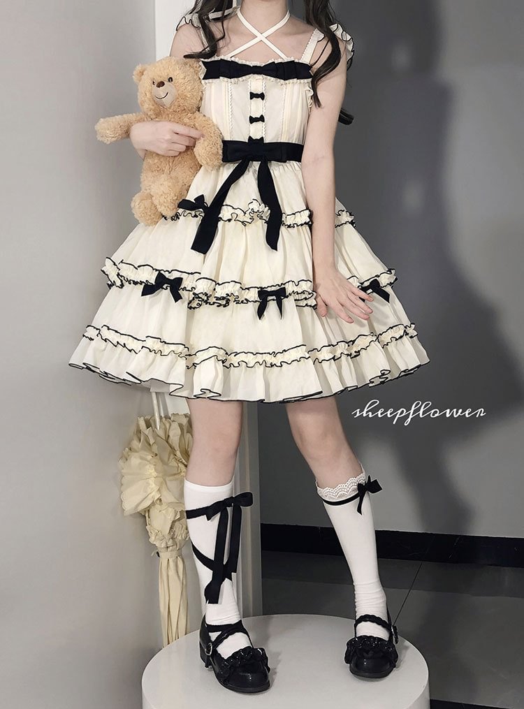 Sweet Lolita Cute Lolita Pink White Suspender Skirt Bow JSK Lolita Dresses