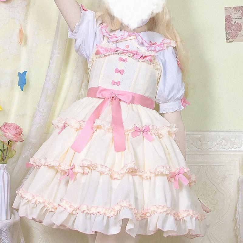 Sweet Lolita Cute Lolita Pink White Suspender Skirt Bow JSK Lolita Dresses
