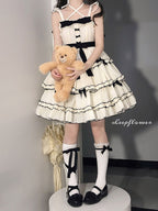 Sweet Lolita Cute Lolita Pink White Suspender Skirt Bow JSK Lolita Dresses