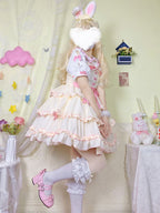 Sweet Lolita Cute Lolita Pink White Suspender Skirt Bow JSK Lolita Dresses