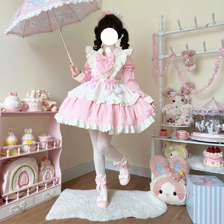 Sweet Lolita Cute Pink Black Blue Lolita Dress Long Sleeve Rabbit Ears Dress Lolita