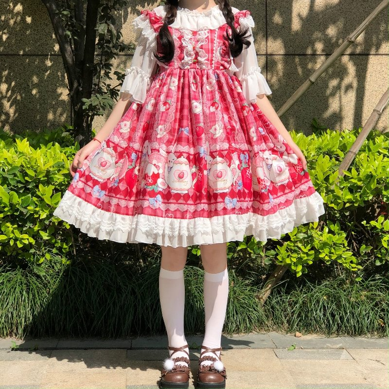 Sweet Lolita Cute Strawberry Light Lolita Red Pink Student Big Skirt Jsk Rabbit Print Lolita Dresses