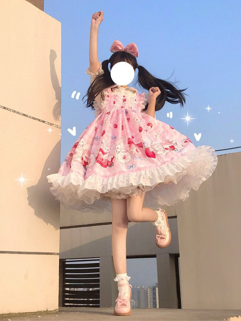 Sweet Lolita Cute Strawberry Light Lolita Red Pink Student Big Skirt Jsk Rabbit Print Lolita Dresses