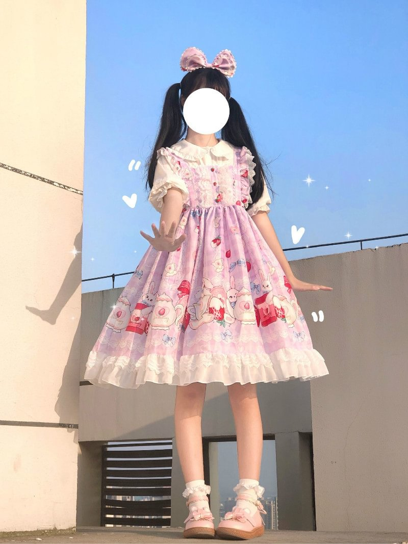 Sweet Lolita Cute Strawberry Light Lolita Red Pink Student Big Skirt Jsk Rabbit Print Lolita Dresses