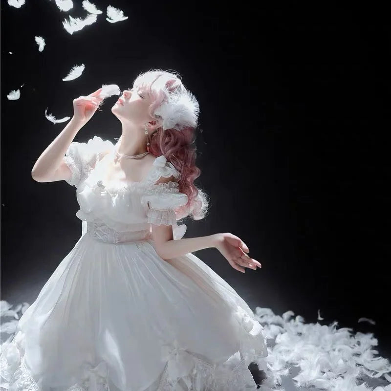 Hime Lolita White Black Swan JSK Dress Full Set Lolita Short-sleeved Dress