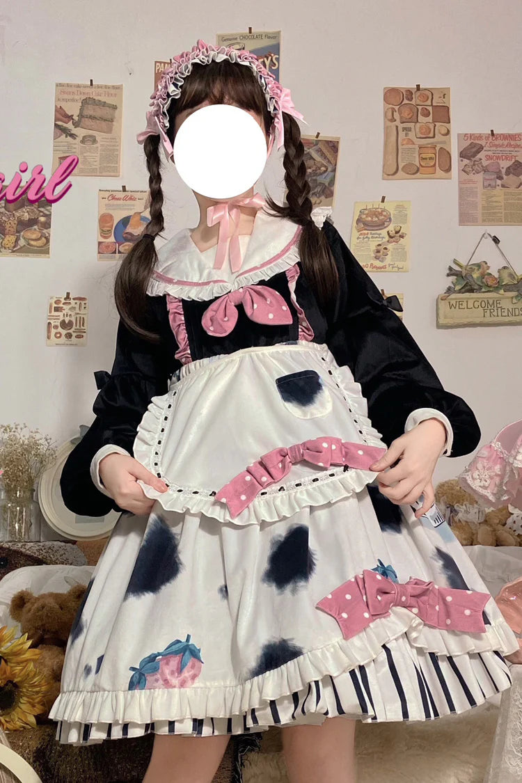 The Cow Print Sweet Lolita Dress combines playful charm with classic elegance. Featuring a doll collar and lantern sleeves, it creates a vintage-inspired silhouette, while the ruffled details and bowknot accents add sweetness. The unique cow print stitching introduces a fun, eye-catching twist that balances cuteness with individuality. Perfect for casual outings, themed events, or tea parties, this dress reflects the whimsical, versatile spirit of Lolita fashion.