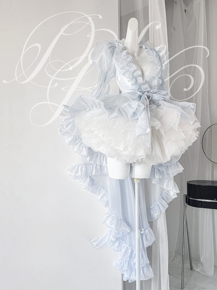 Hime Lolita Asymmetrical Ruffled Short JSK Elegant Light Blue Summer Lace Sleeveless