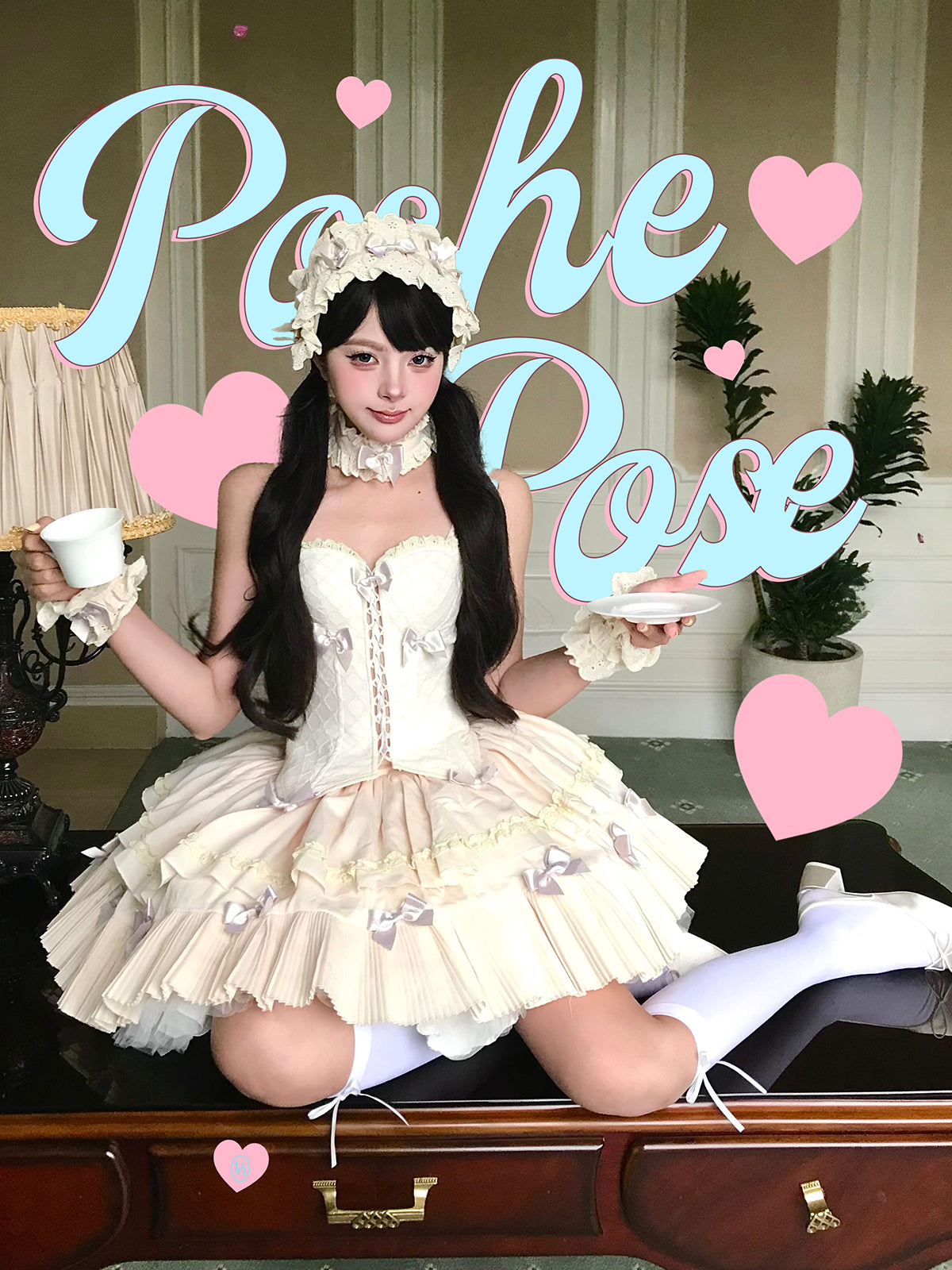 Sweet Lolita Dress Off Shoulder Ruffled Bow Decorated Champagne Princess Outfit