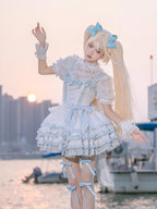 Sweet Lolita Dress Set Blue White Summer Ruffled Bow Detailed Princess OP Outfit