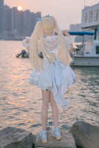 Sweet Lolita Dress Set Blue White Summer Ruffled Bow Detailed Princess OP Outfit