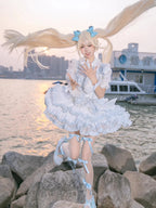 Sweet Lolita Dress Set Blue White Summer Ruffled Bow Detailed Princess OP Outfit