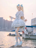 Sweet Lolita Dress Set Blue White Summer Ruffled Bow Detailed Princess OP Outfit