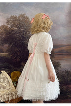 Design Concept:
This Sweet Lolita dress in pure white features delicate lace detailing along the hem and bodice, complemented by a tie-waist design that enhances a flattering silhouette. The puff sleeves add a charming, doll-like touch, creating a playful yet elegant look. Perfect for daily wear, tea parties, or casual Lolita gatherings, this dress brings a soft and feminine aesthetic to any occasion.
