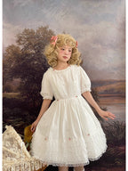 Design Concept:
This Sweet Lolita dress in pure white features delicate lace detailing along the hem and bodice, complemented by a tie-waist design that enhances a flattering silhouette. The puff sleeves add a charming, doll-like touch, creating a playful yet elegant look. Perfect for daily wear, tea parties, or casual Lolita gatherings, this dress brings a soft and feminine aesthetic to any occasion.