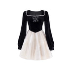 Sweet Lolita Elegant Broken Diamond Velvet Black and White Dress Princess Style Lolita Long Sleeve Dress