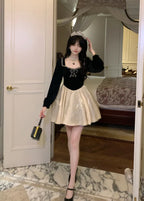 Sweet Lolita Elegant Broken Diamond Velvet Black and White Dress Princess Style Lolita Long Sleeve Dress