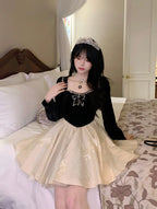 Sweet Lolita Elegant Broken Diamond Velvet Black and White Dress Princess Style Lolita Long Sleeve Dress