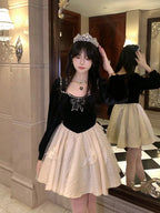 Sweet Lolita Elegant Broken Diamond Velvet Black and White Dress Princess Style Lolita Long Sleeve Dress