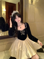 Sweet Lolita Elegant Broken Diamond Velvet Black and White Dress Princess Style Lolita Long Sleeve Dress