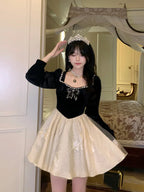 Sweet Lolita Elegant Broken Diamond Velvet Black and White Dress Princess Style Lolita Long Sleeve Dress