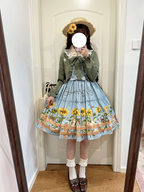 Sweet Lolita Fashion Cat and Sunflower JSK Sunflower Print Blue Dress and Headdress Set