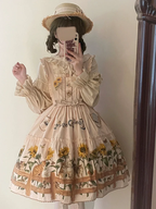 Sweet Lolita Fashion Cat and Sunflower JSK Sunflower Print Blue Dress and Headdress Set