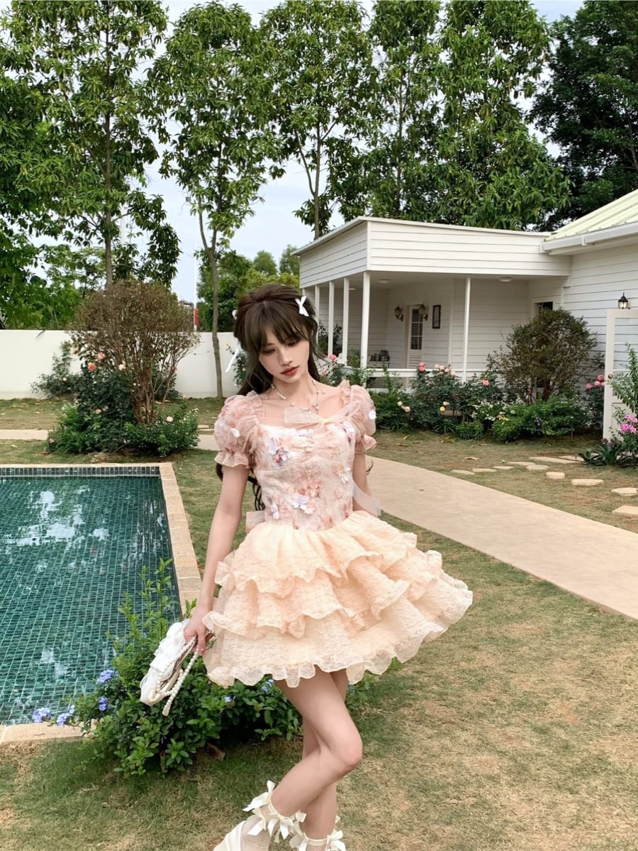 Sweet Lolita Floral Fairy Princess Dress Tutu Lolita Pink Orange