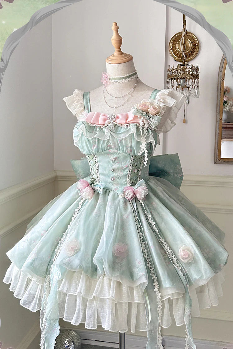 Crafted for the dreamer who dwells in enchanted forests, this Lolita dress embodies a whimsical fairy tale. The lush green floral print captures a secret garden in eternal bloom, while delicate lace and soft ruffles mimic dewy foliage and petals. A signature bow adds a touch of playful elegance. We designed this dress to be a wearable fantasy, empowering you to express your most magical and authentic self. Every stitch is an invitation to embrace wonder.