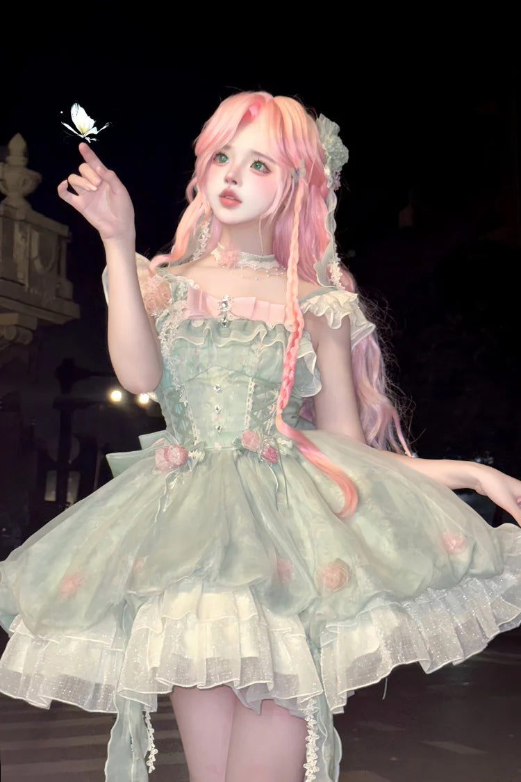 Crafted for the dreamer who dwells in enchanted forests, this Lolita dress embodies a whimsical fairy tale. The lush green floral print captures a secret garden in eternal bloom, while delicate lace and soft ruffles mimic dewy foliage and petals. A signature bow adds a touch of playful elegance. We designed this dress to be a wearable fantasy, empowering you to express your most magical and authentic self. Every stitch is an invitation to embrace wonder.