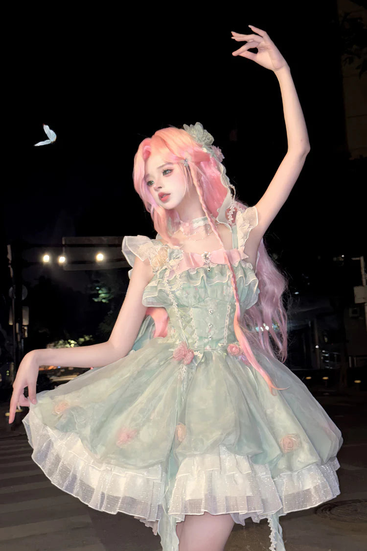 Crafted for the dreamer who dwells in enchanted forests, this Lolita dress embodies a whimsical fairy tale. The lush green floral print captures a secret garden in eternal bloom, while delicate lace and soft ruffles mimic dewy foliage and petals. A signature bow adds a touch of playful elegance. We designed this dress to be a wearable fantasy, empowering you to express your most magical and authentic self. Every stitch is an invitation to embrace wonder.