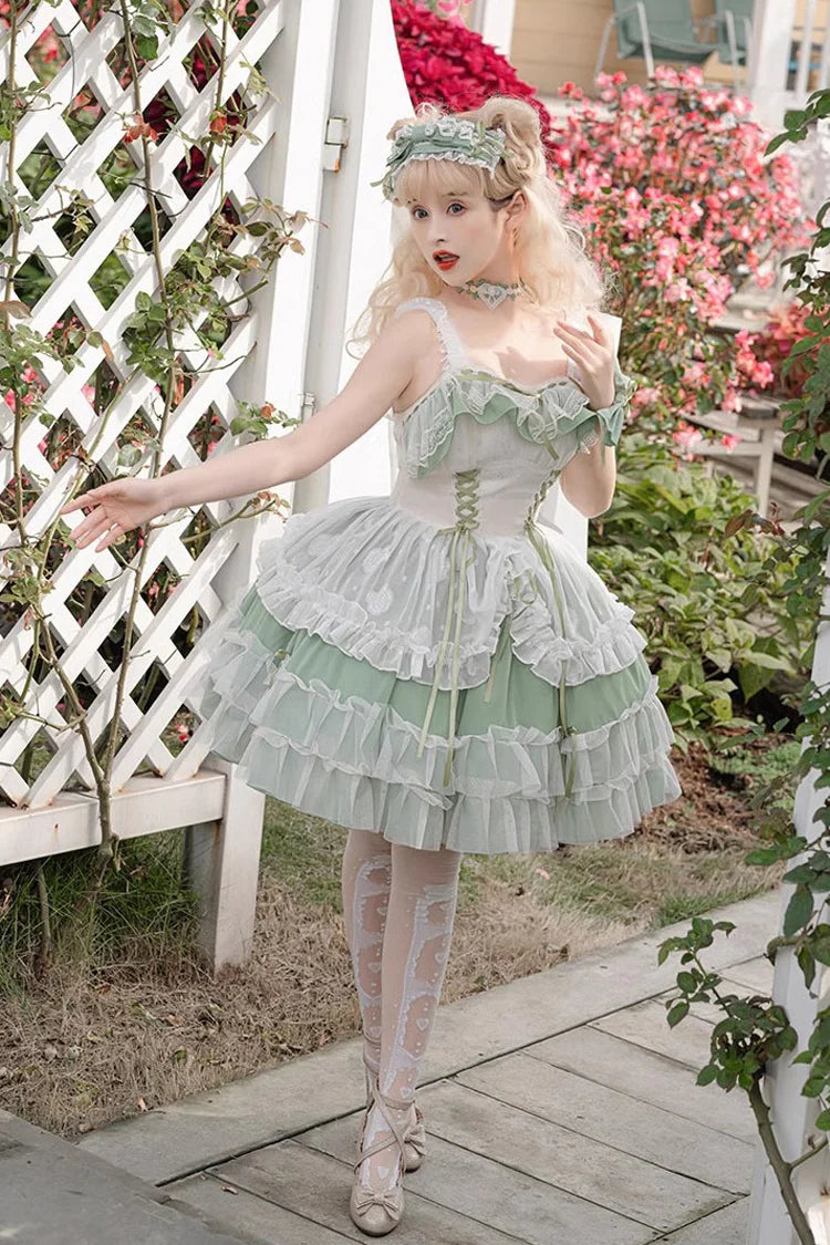 The Green Hanayome JSK Dress is designed to celebrate elegance and inclusivity in Lolita fashion. With its multi-layered ruffles, delicate lace trim, and lace-up front, it creates a flattering silhouette that enhances femininity. The fresh green tone brings a sense of vitality and charm, while the short version adds playfulness and versatility. Perfect for plus-size wearers, it balances comfort, beauty, and classic Lolita sweetness for any occasion.