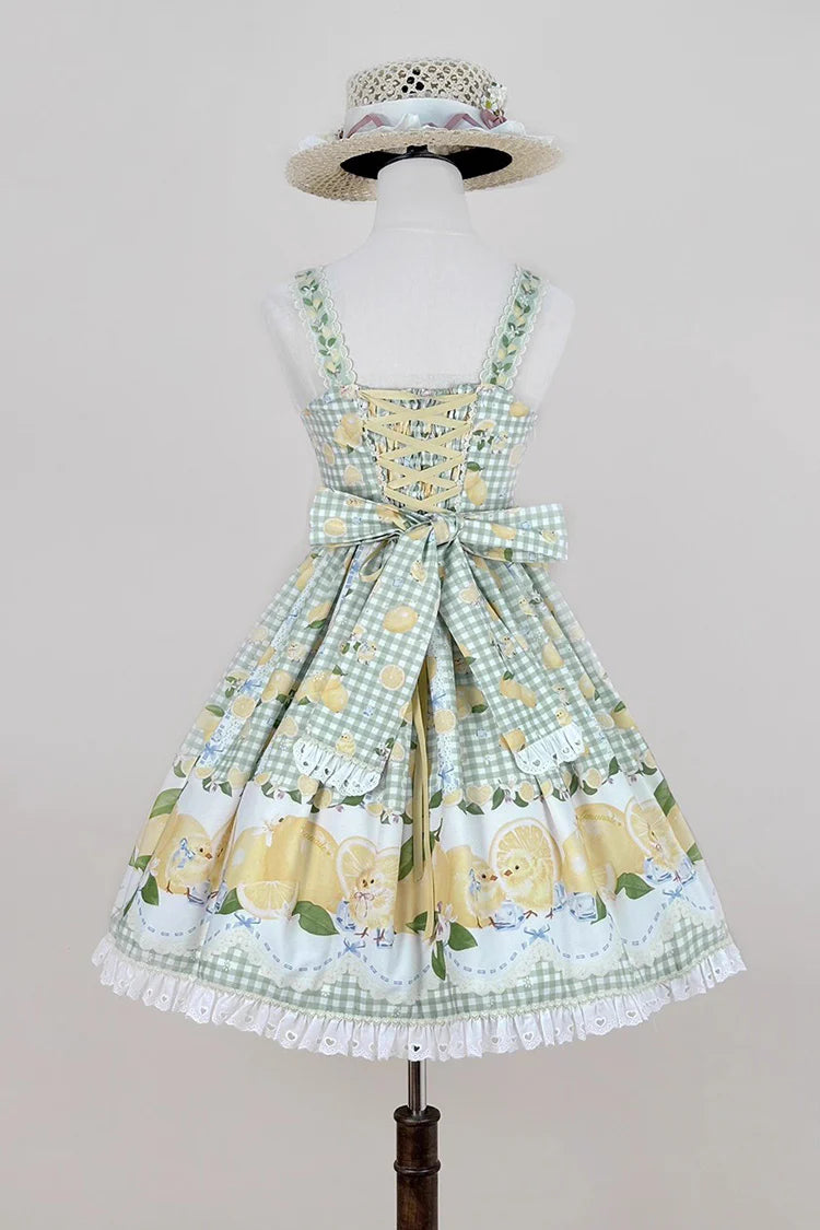 The Green Lemon Print JSK Dress brings freshness and charm to Sweet Lolita fashion. Adorned with playful lemon patterns, it captures a lively, summery vibe, while layered ruffles and delicate lace enhance its romantic silhouette. The bowknot accents add sweetness and detail, making the dress both youthful and elegant. Perfect for picnics, garden parties, or casual gatherings, it reflects the cheerful, whimsical spirit of Lolita style with a refreshing twist.