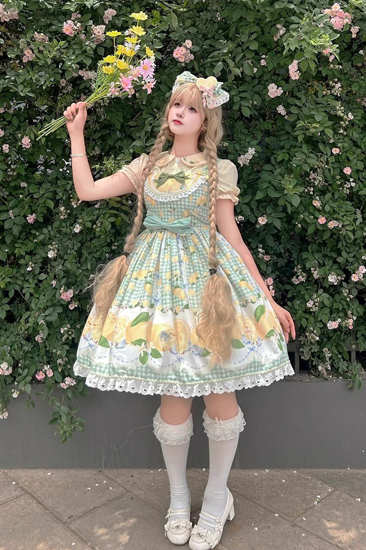 The Green Lemon Print JSK Dress brings freshness and charm to Sweet Lolita fashion. Adorned with playful lemon patterns, it captures a lively, summery vibe, while layered ruffles and delicate lace enhance its romantic silhouette. The bowknot accents add sweetness and detail, making the dress both youthful and elegant. Perfect for picnics, garden parties, or casual gatherings, it reflects the cheerful, whimsical spirit of Lolita style with a refreshing twist.