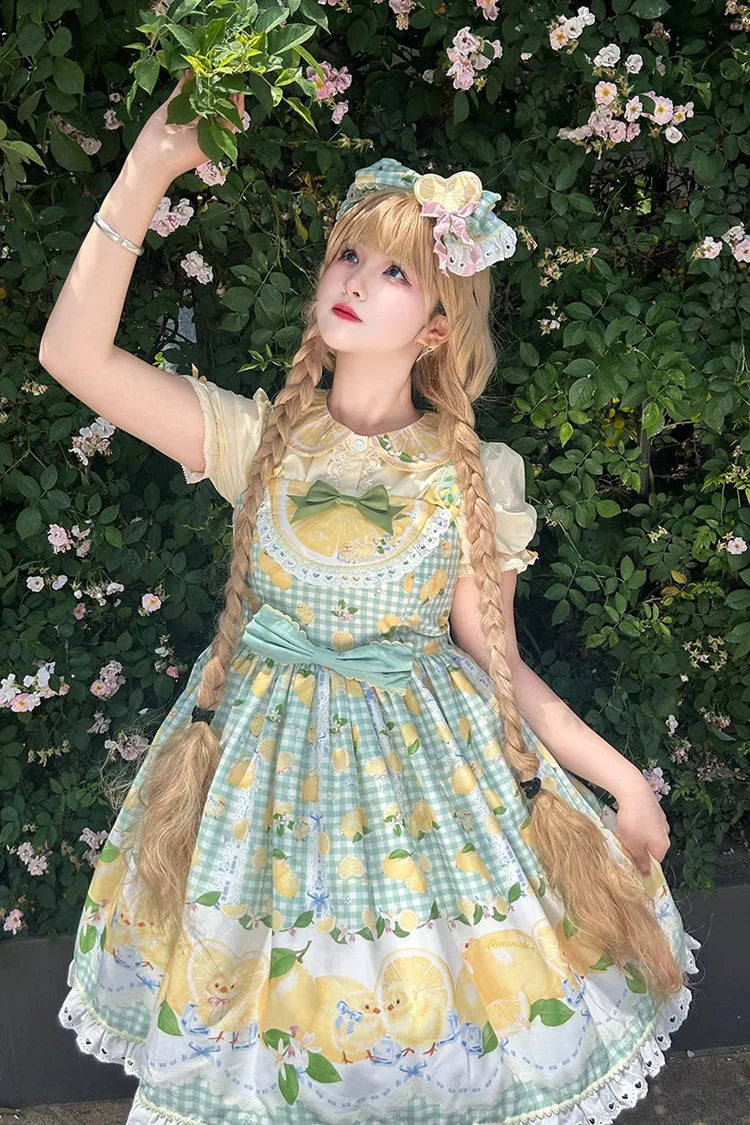 The Green Lemon Print JSK Dress brings freshness and charm to Sweet Lolita fashion. Adorned with playful lemon patterns, it captures a lively, summery vibe, while layered ruffles and delicate lace enhance its romantic silhouette. The bowknot accents add sweetness and detail, making the dress both youthful and elegant. Perfect for picnics, garden parties, or casual gatherings, it reflects the cheerful, whimsical spirit of Lolita style with a refreshing twist.