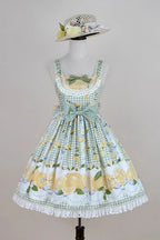 The Green Lemon Print JSK Dress brings freshness and charm to Sweet Lolita fashion. Adorned with playful lemon patterns, it captures a lively, summery vibe, while layered ruffles and delicate lace enhance its romantic silhouette. The bowknot accents add sweetness and detail, making the dress both youthful and elegant. Perfect for picnics, garden parties, or casual gatherings, it reflects the cheerful, whimsical spirit of Lolita style with a refreshing twist.