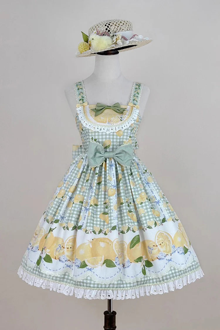 The Green Lemon Print JSK Dress brings freshness and charm to Sweet Lolita fashion. Adorned with playful lemon patterns, it captures a lively, summery vibe, while layered ruffles and delicate lace enhance its romantic silhouette. The bowknot accents add sweetness and detail, making the dress both youthful and elegant. Perfect for picnics, garden parties, or casual gatherings, it reflects the cheerful, whimsical spirit of Lolita style with a refreshing twist.