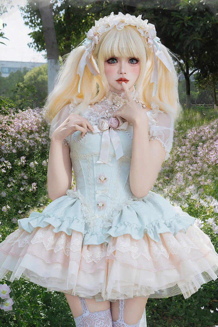 This Green Sleeveless Sweet Princess Lolita JSK Dress showcases a graceful and romantic style. The multi-layered ruffles and delicate lace create a voluminous silhouette, while bowknot and lace-up details highlight the sweet and classic Lolita charm. Its fresh green tone adds a unique touch of elegance and vitality, making it suitable for tea parties, gatherings, or special occasions. A perfect choice for those seeking both sophistication and youthful sweetness.