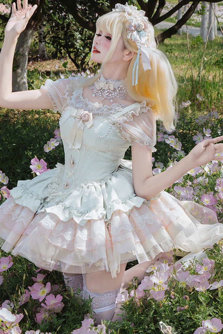 This Green Sleeveless Sweet Princess Lolita JSK Dress showcases a graceful and romantic style. The multi-layered ruffles and delicate lace create a voluminous silhouette, while bowknot and lace-up details highlight the sweet and classic Lolita charm. Its fresh green tone adds a unique touch of elegance and vitality, making it suitable for tea parties, gatherings, or special occasions. A perfect choice for those seeking both sophistication and youthful sweetness.