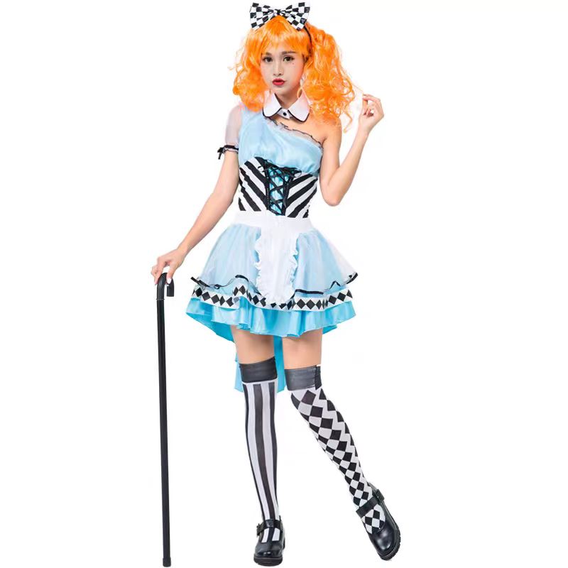 Sweet Lolita Halloween Blue Wonderland Queen Costume for Women Fantasy Princess Cosplay Dress