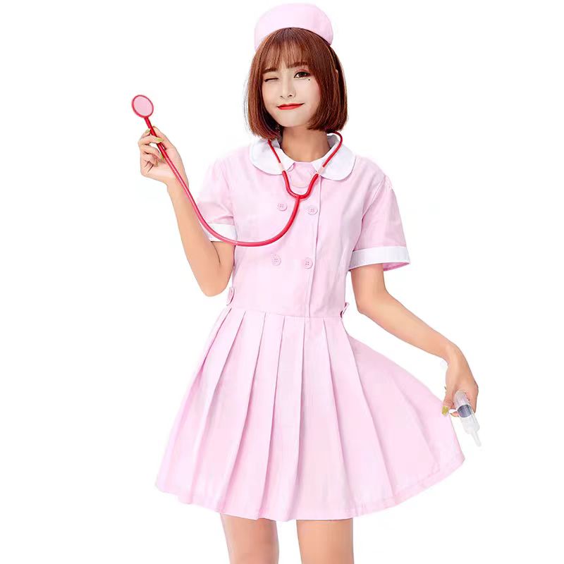 Sweet Lolita Halloween Nurse Costume for Women Pink White Cute Cosplay Dress