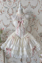 Evoking the delicate grace of a summer garden party, this dress blends timeless elegance with playful charm. The halter neckline and sleeveless design highlight feminine shoulders, while layers of lace ruffles and satin bows cascade like blooming petals. Crafted in a soft ivory-pink hue, it captures the essence of romance—inviting the wearer to step into a dream where sweetness and sophistication dance in perfect harmony.