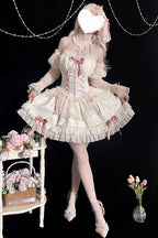 Evoking the delicate grace of a summer garden party, this dress blends timeless elegance with playful charm. The halter neckline and sleeveless design highlight feminine shoulders, while layers of lace ruffles and satin bows cascade like blooming petals. Crafted in a soft ivory-pink hue, it captures the essence of romance—inviting the wearer to step into a dream where sweetness and sophistication dance in perfect harmony.