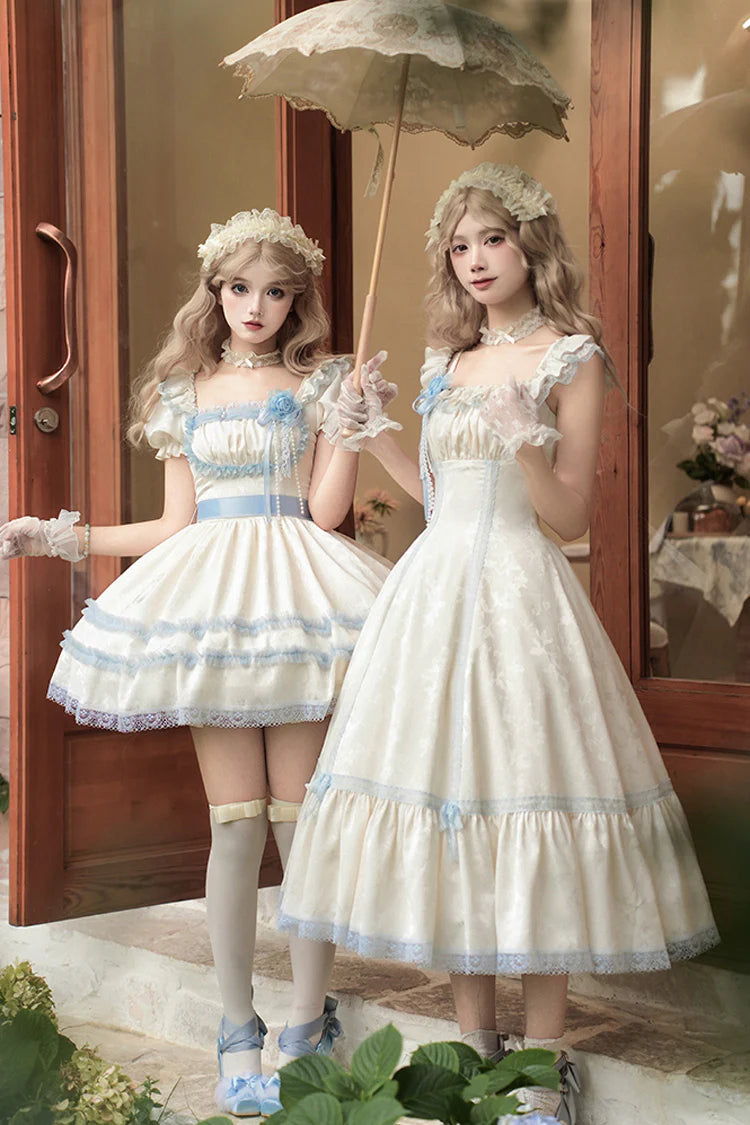 The Ivory JSK Long Dress is designed to embody elegance with a fairytale touch. Featuring a graceful square collar and flutter sleeves, it creates a soft, romantic silhouette. The structured fishbone design offers refined shaping, while cascading ruffles add volume and sweetness. In a delicate ivory tone, this dress conveys purity and timeless charm, making it perfect for tea parties, photoshoots, or special occasions in classic Lolita style.