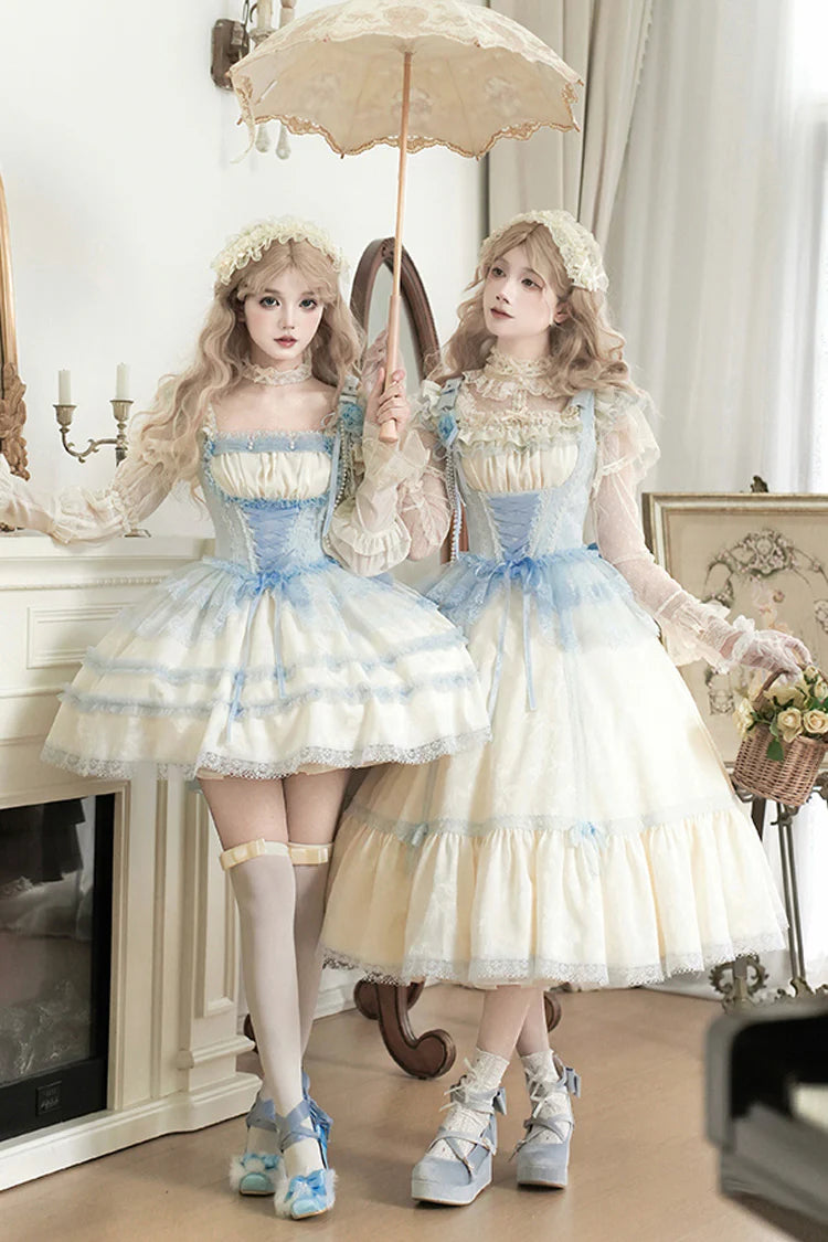 The Ivory JSK Long Dress is designed to embody elegance with a fairytale touch. Featuring a graceful square collar and flutter sleeves, it creates a soft, romantic silhouette. The structured fishbone design offers refined shaping, while cascading ruffles add volume and sweetness. In a delicate ivory tone, this dress conveys purity and timeless charm, making it perfect for tea parties, photoshoots, or special occasions in classic Lolita style.