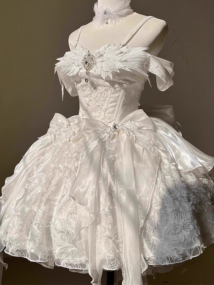 Inspired by the duality of modern femininity, this dress merges classic Lolita elegance with contemporary sophistication. The structured sweetheart bodice and voluminous skirt create a timeless silhouette, while the off-shoulder neckline adds a touch of delicate allure. Crafted in luxurious ivory with intricate lace detailing, it embodies both innocence and refinement. Ideal for moments where fantasy meets reality—perfect for the dreamer who commands grace with quiet confidence.