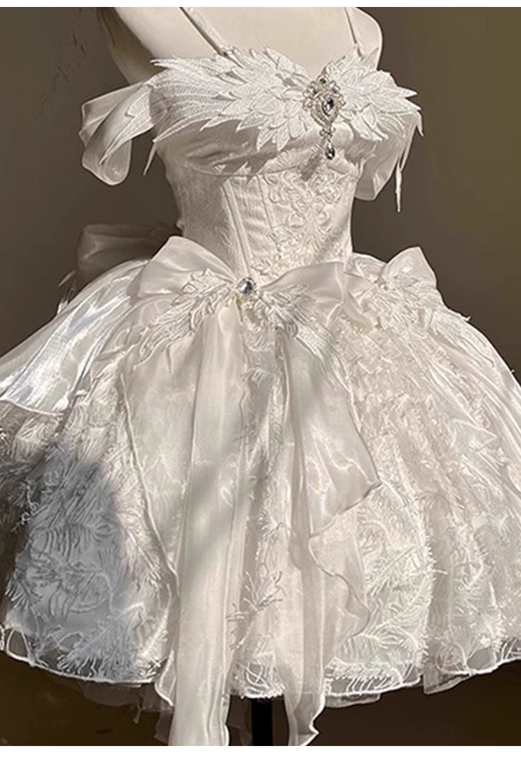 Inspired by the duality of modern femininity, this dress merges classic Lolita elegance with contemporary sophistication. The structured sweetheart bodice and voluminous skirt create a timeless silhouette, while the off-shoulder neckline adds a touch of delicate allure. Crafted in luxurious ivory with intricate lace detailing, it embodies both innocence and refinement. Ideal for moments where fantasy meets reality—perfect for the dreamer who commands grace with quiet confidence.